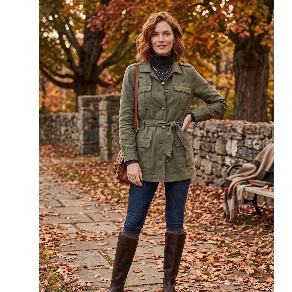 J. Jill Safari Jacket M Olive Green Linen Blend Utility Field Travel Transition